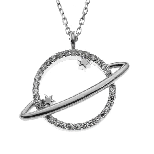 Silver necklace with a planet and star design on a white background