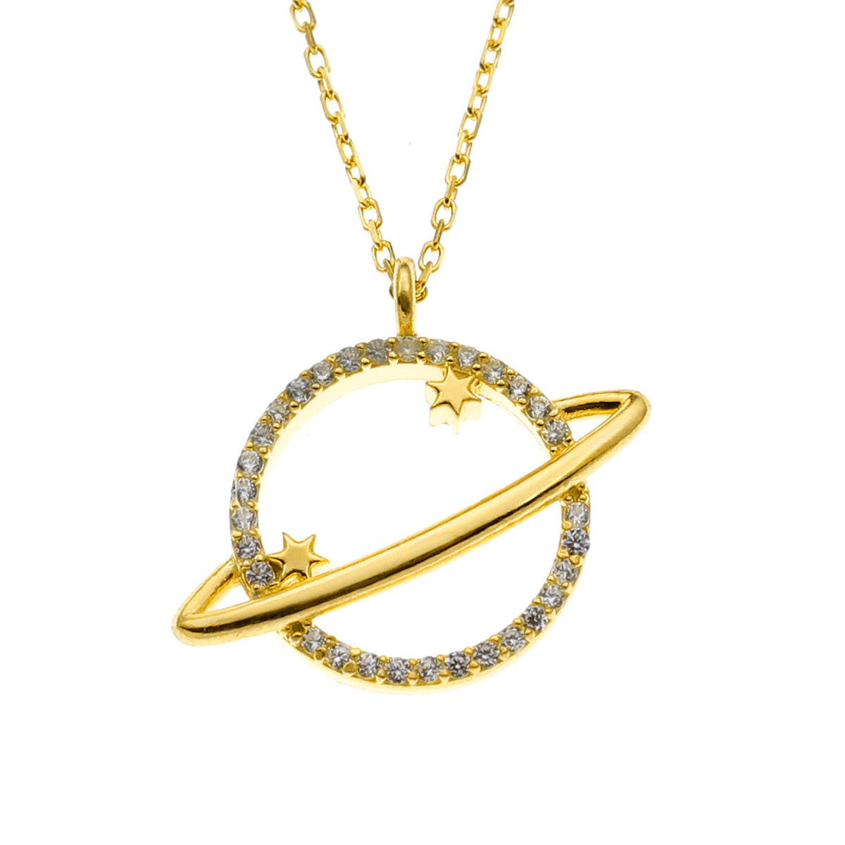 Gold necklace with a planet and star design on a white background