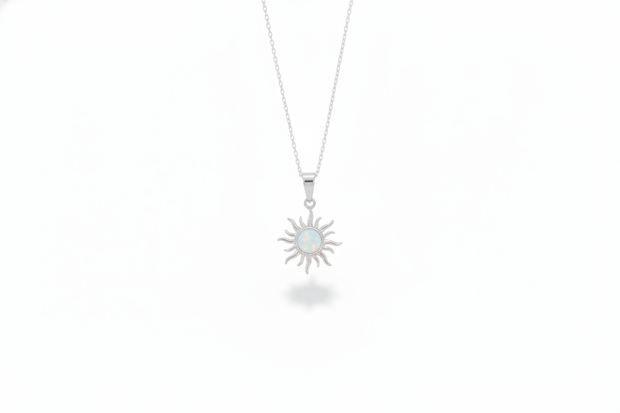 Sun-shaped pendant necklace on a white background