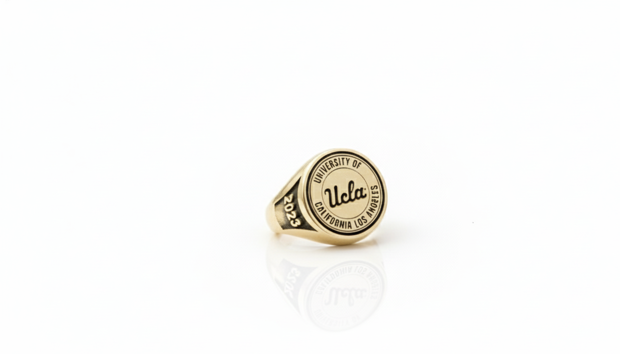 Gold ring with UCLA emblem on a white background