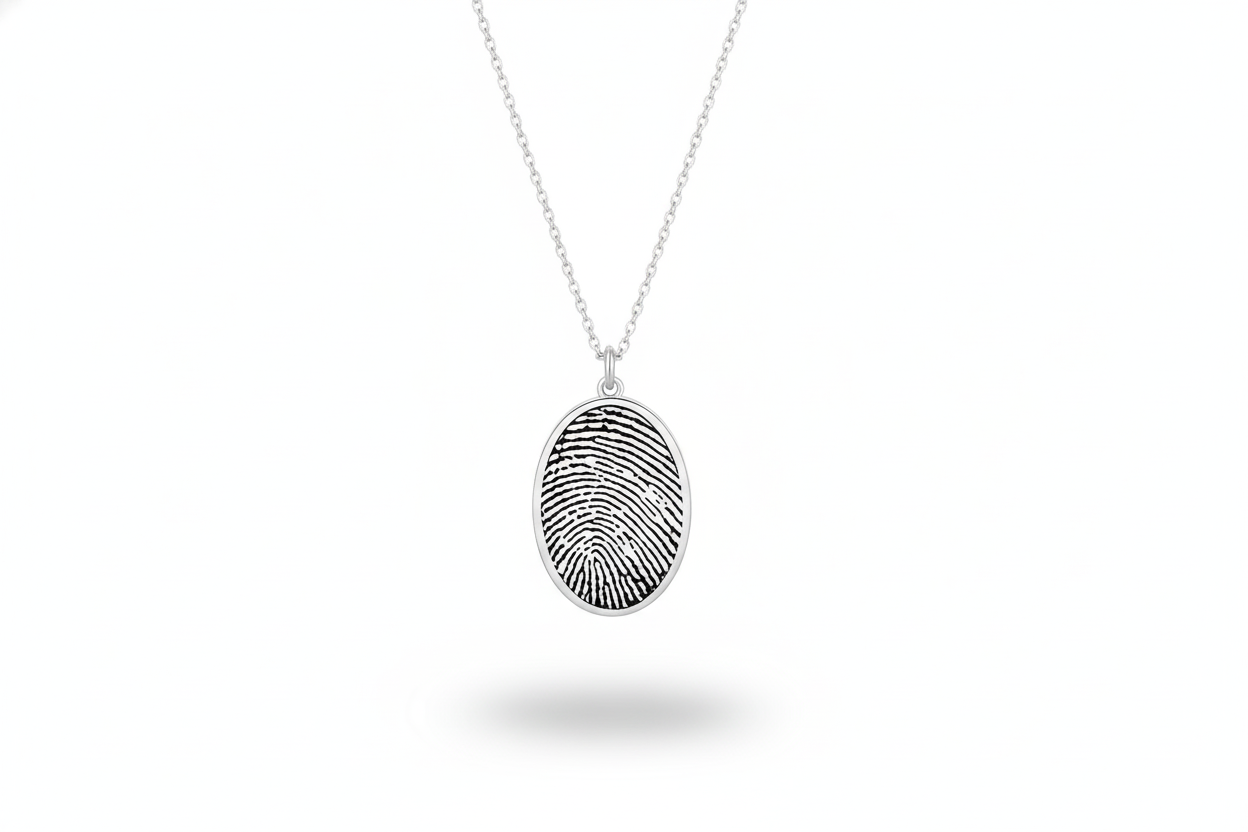Fingerprint pendant necklace on a white background