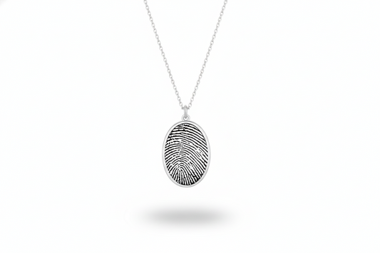 Fingerprint pendant necklace on a white background
