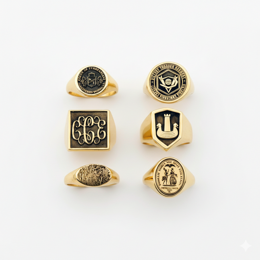 Collection of gold rings with various designs on a white background