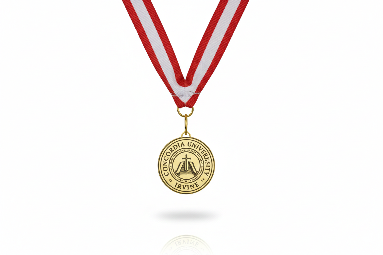 Gold medal with red and white ribbon featuring a university emblem on a white background