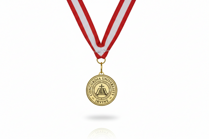 Gold medal with red and white ribbon featuring a university emblem on a white background