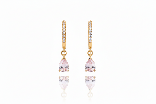Gold earrings with pink and clear gemstones on a white background