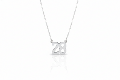 Silver necklace with '28' pendant on a white background