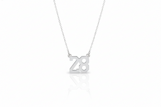 Silver necklace with '28' pendant on a white background