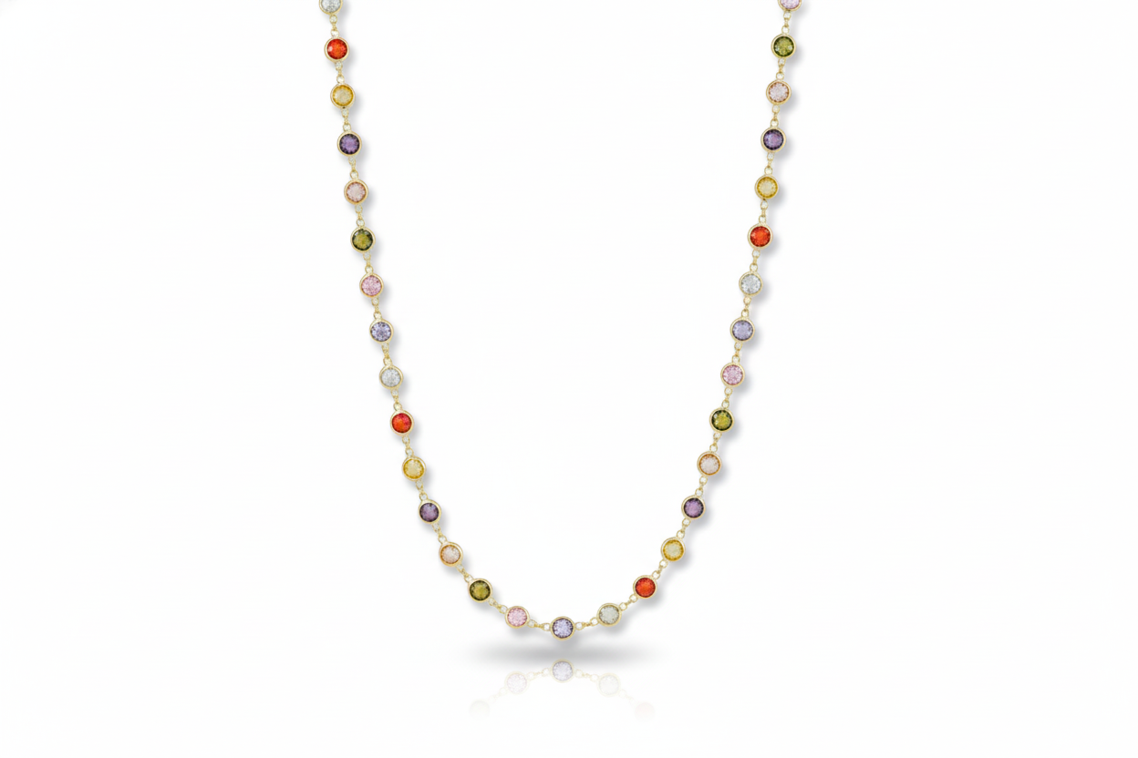 Multicolored bead necklace on a white background