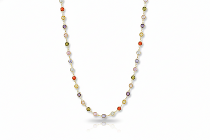 Multicolored bead necklace on a white background