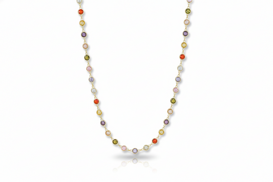 Multicolored bead necklace on a white background
