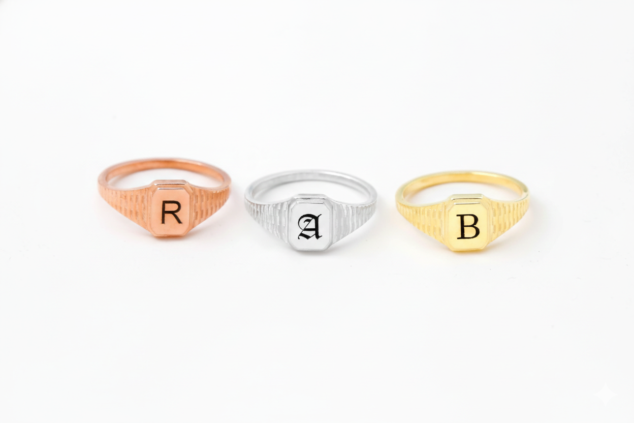 Three rings with initials 'R', 'A', and 'B' on a white background