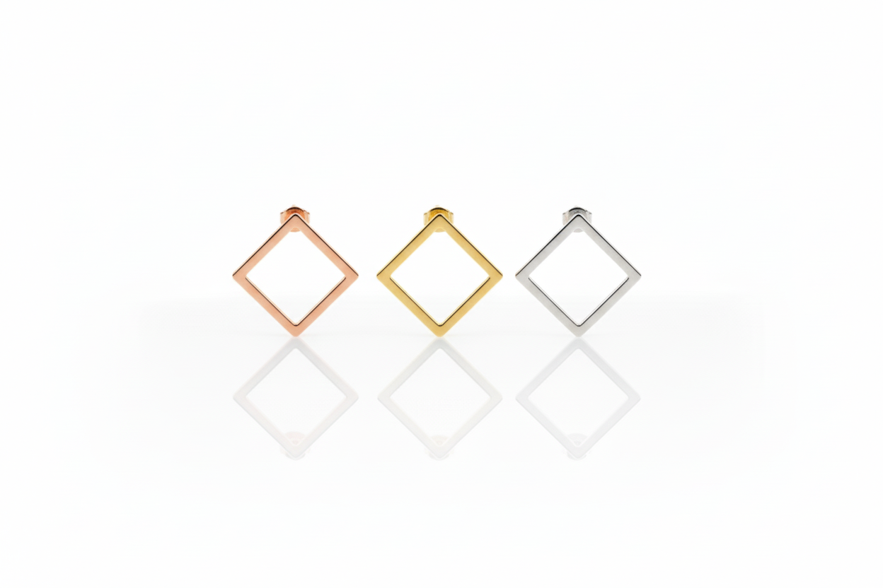 Three square-shaped earrings in rose gold, yellow gold, and silver on a white background