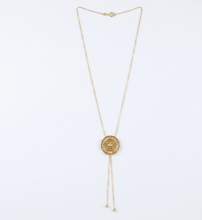University logo necklace with a round pendant on a white background