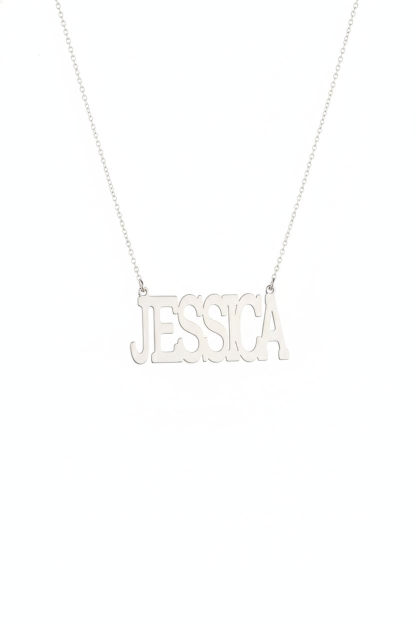 Silver necklace with 'JESSICA' pendant on a white background