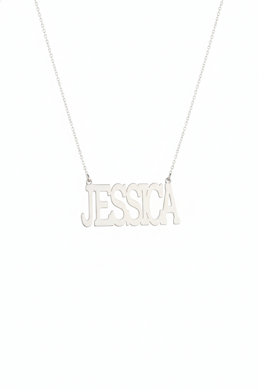 Silver necklace with 'JESSICA' pendant on a white background