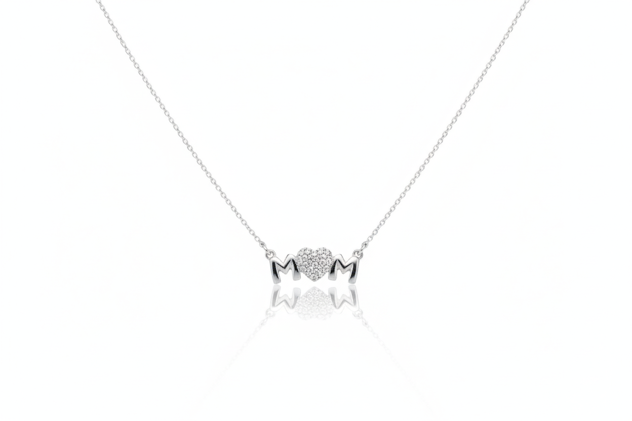Silver necklace with star and heart pendant on a white background