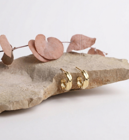 Gold hoop earrings on a stone surface with pink leaves in the background