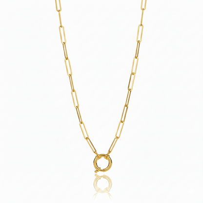 Gold chain necklace with a round clasp on a white background