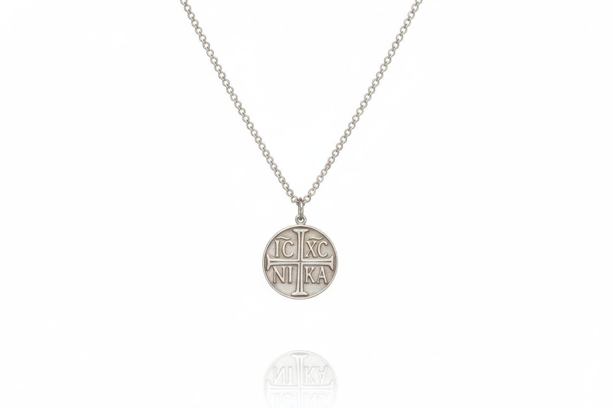 Silver necklace with a round pendant on a white background