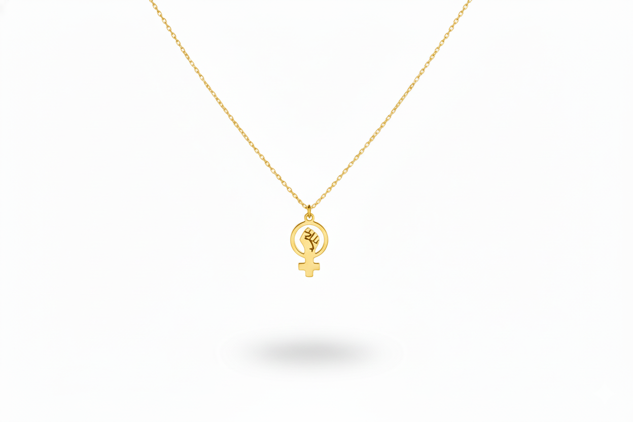 Gold necklace with a circular pendant on a white background