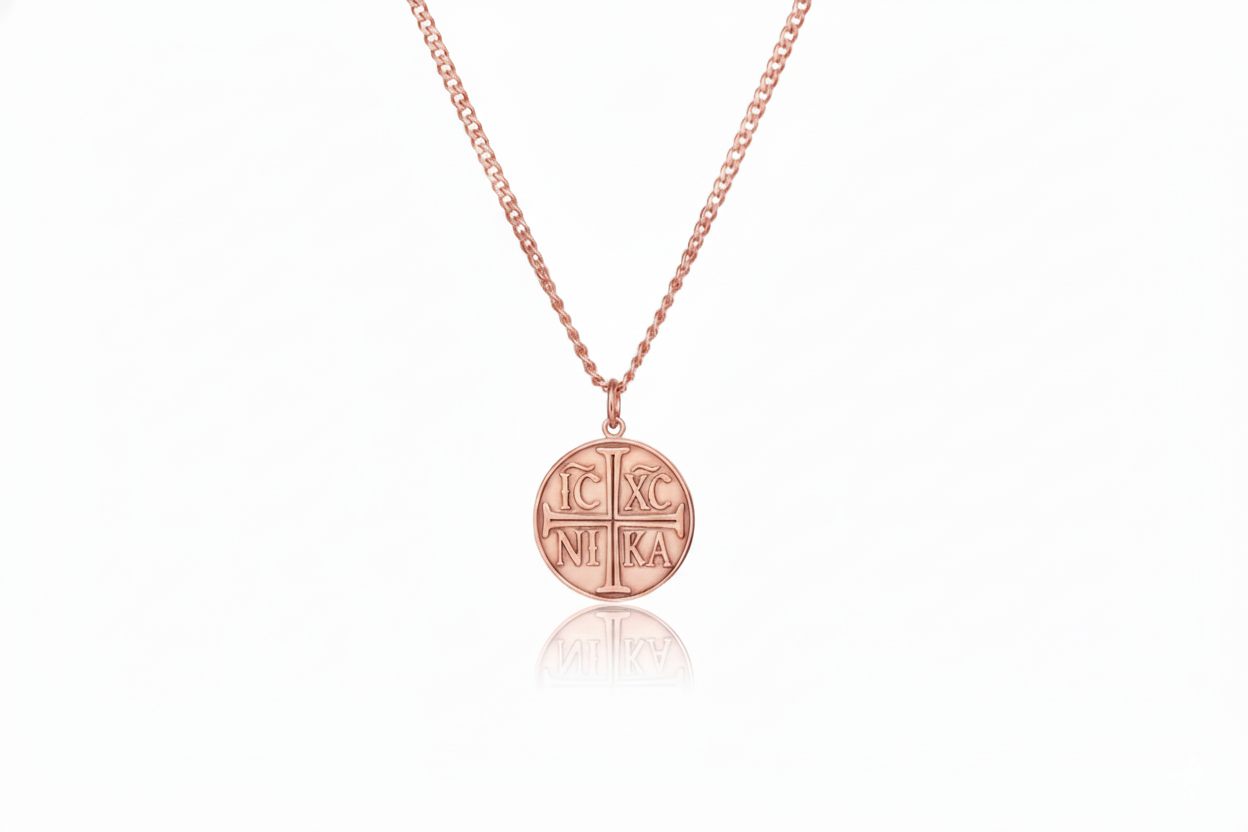 Rose gold necklace with a round pendant on a white background