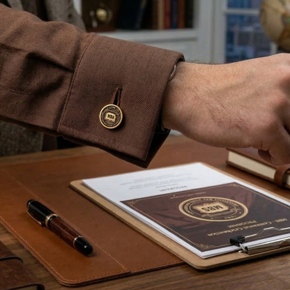 Close-up of a person wearing a brown shirt with a cufflink, holding a leather-bound notebook on a wooden desk.