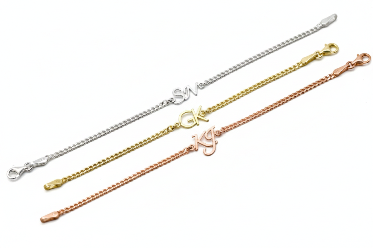 Three gold chain bracelets with different designs on a white background