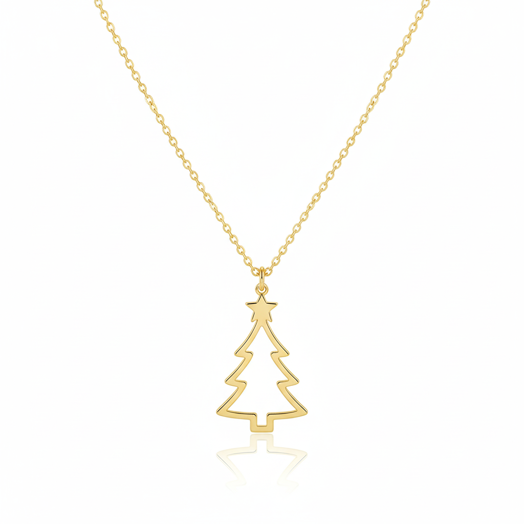 Gold Christmas tree necklace on a white background