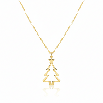 Gold Christmas tree necklace on a white background