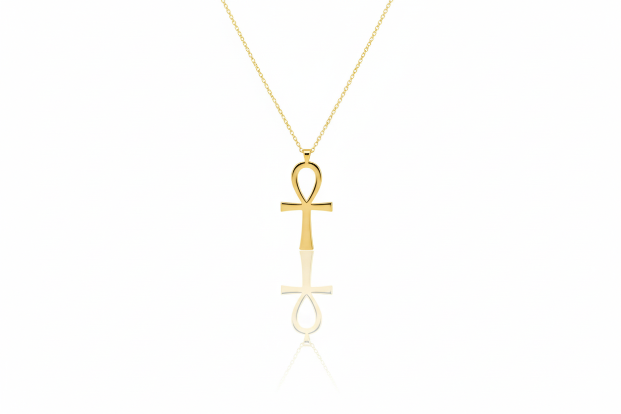 Gold ankh pendant necklace on a white background