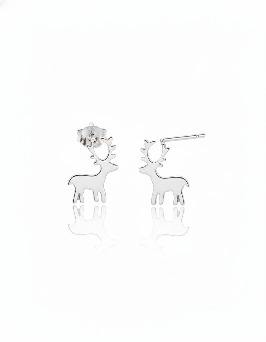 Silver deer-shaped earrings on a white background