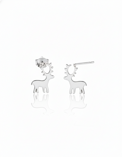 Silver deer-shaped earrings on a white background