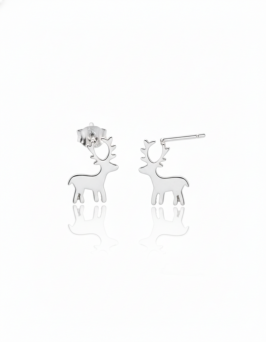 Silver deer-shaped earrings on a white background