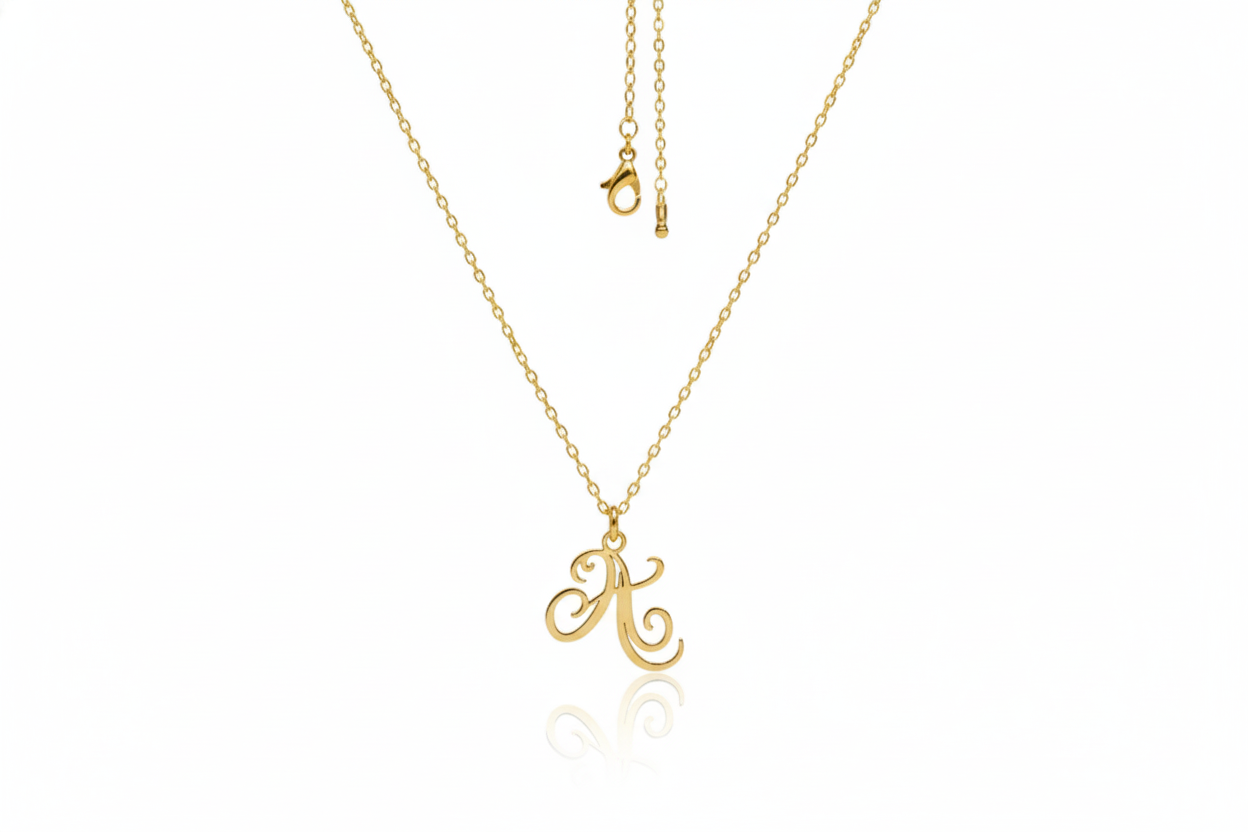 Gold necklace with a letter 'A' pendant on a white background