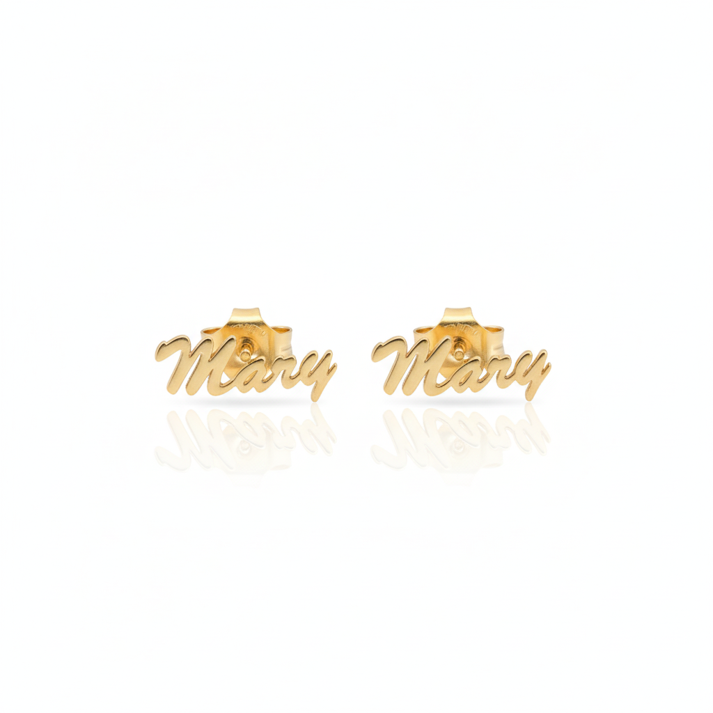 Gold 'Mary' stud earrings on a white background