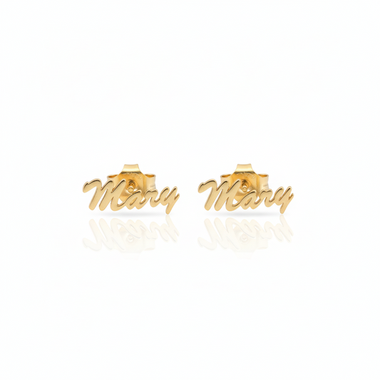 Gold 'Mary' stud earrings on a white background