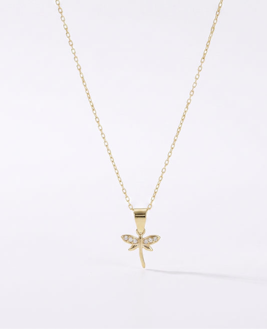 Dainty Gold Dragonfly Necklace | Minimalist 14K CZ Pendant | Elegant Gift for Her