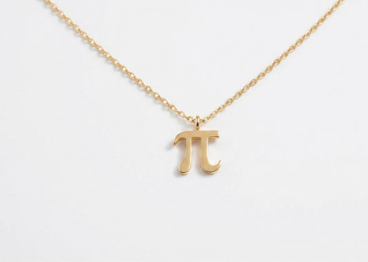 Gold necklace with a pi symbol pendant on a white background