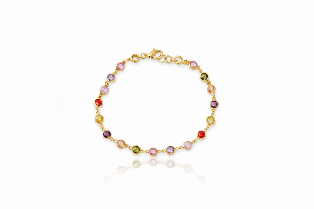 Gold bracelet with multicolored beads on a white background