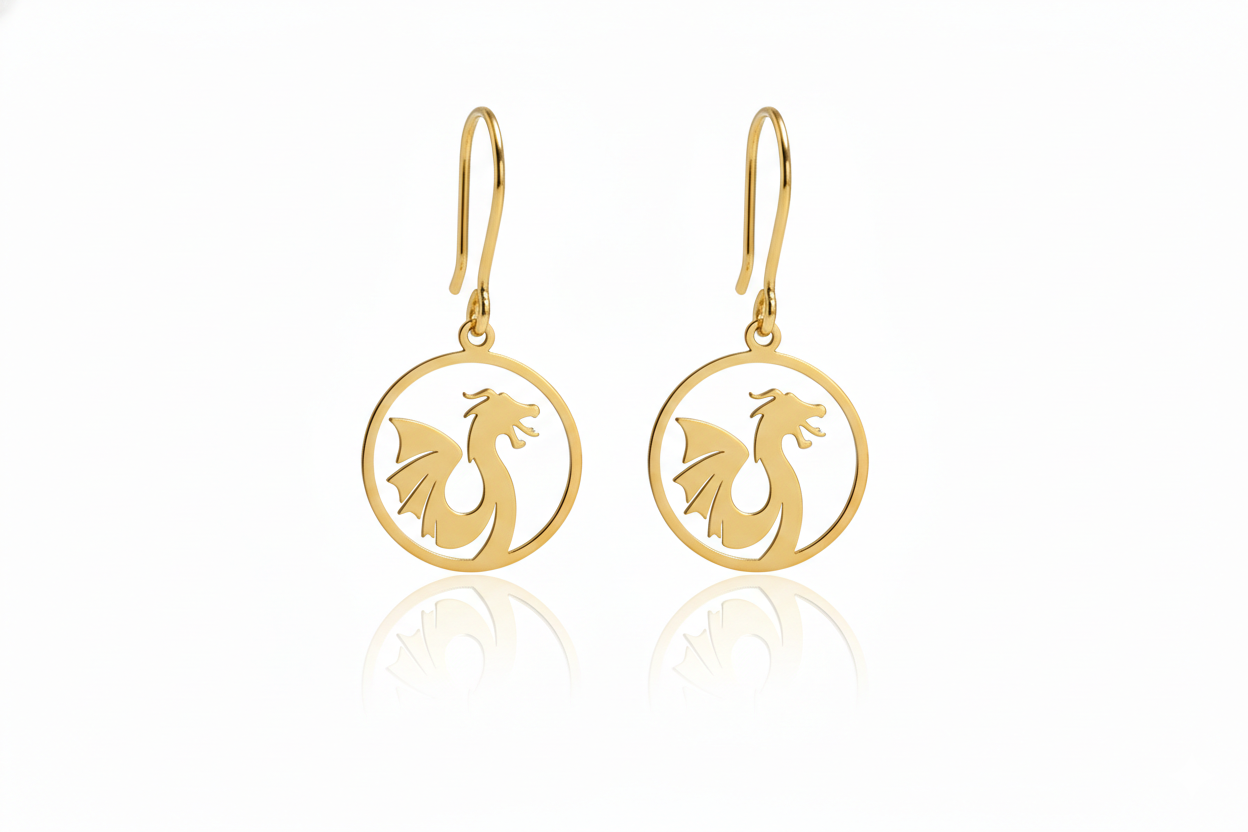 Gold earrings with dragon design on a white background