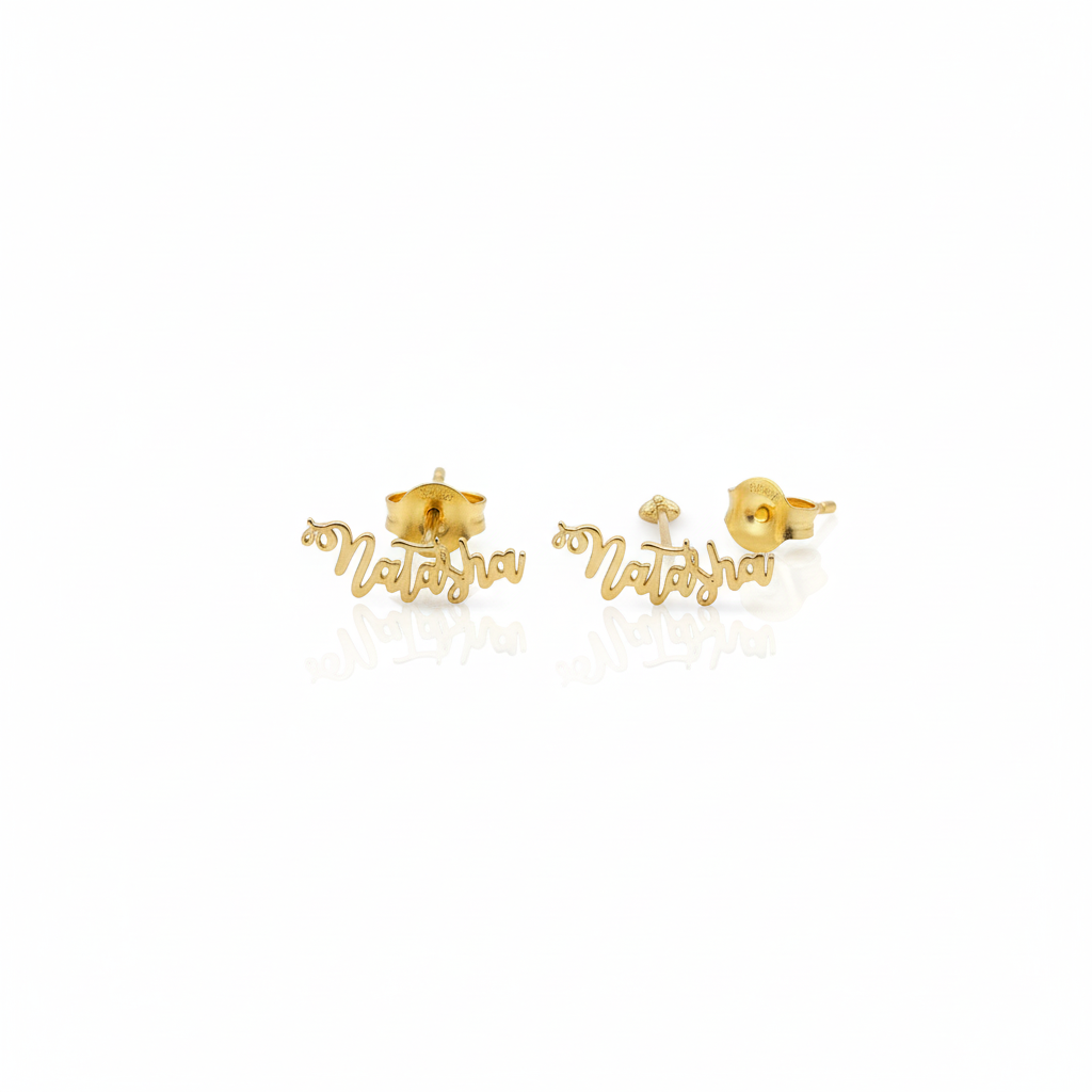 Gold earrings with 'Natalie' inscription on a white background