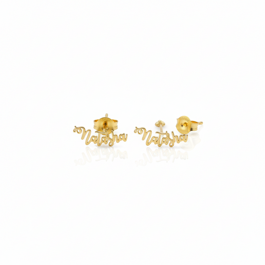 Gold earrings with 'Natalie' inscription on a white background