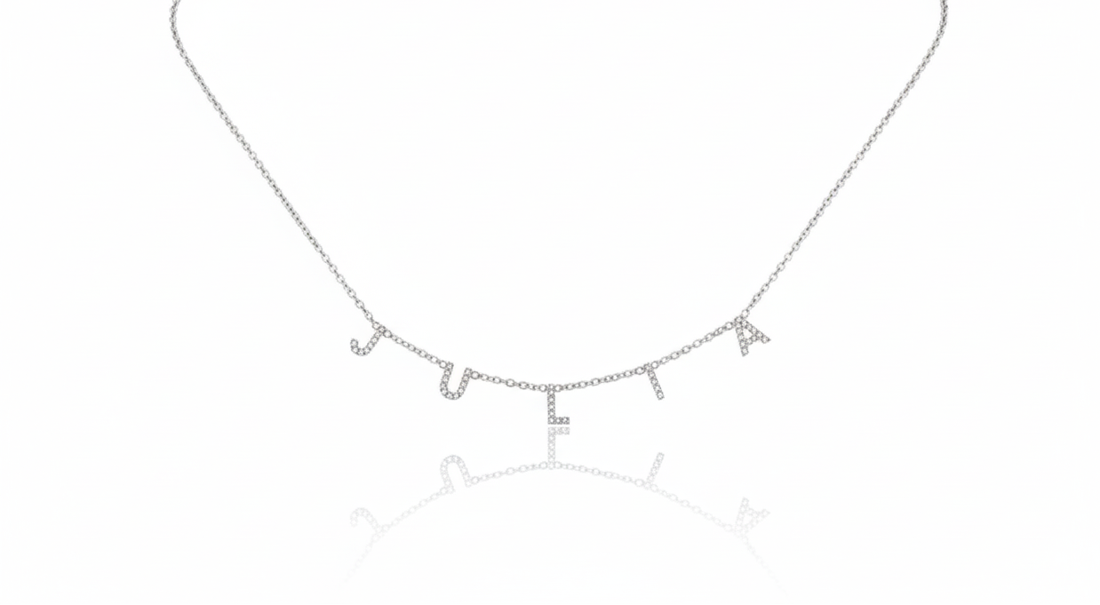 Silver necklace with letter 'E' pendant on a white background