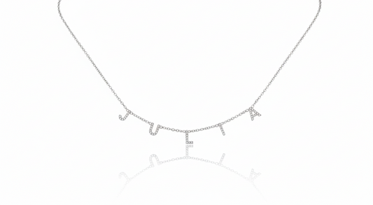 Silver necklace with letter 'E' pendant on a white background