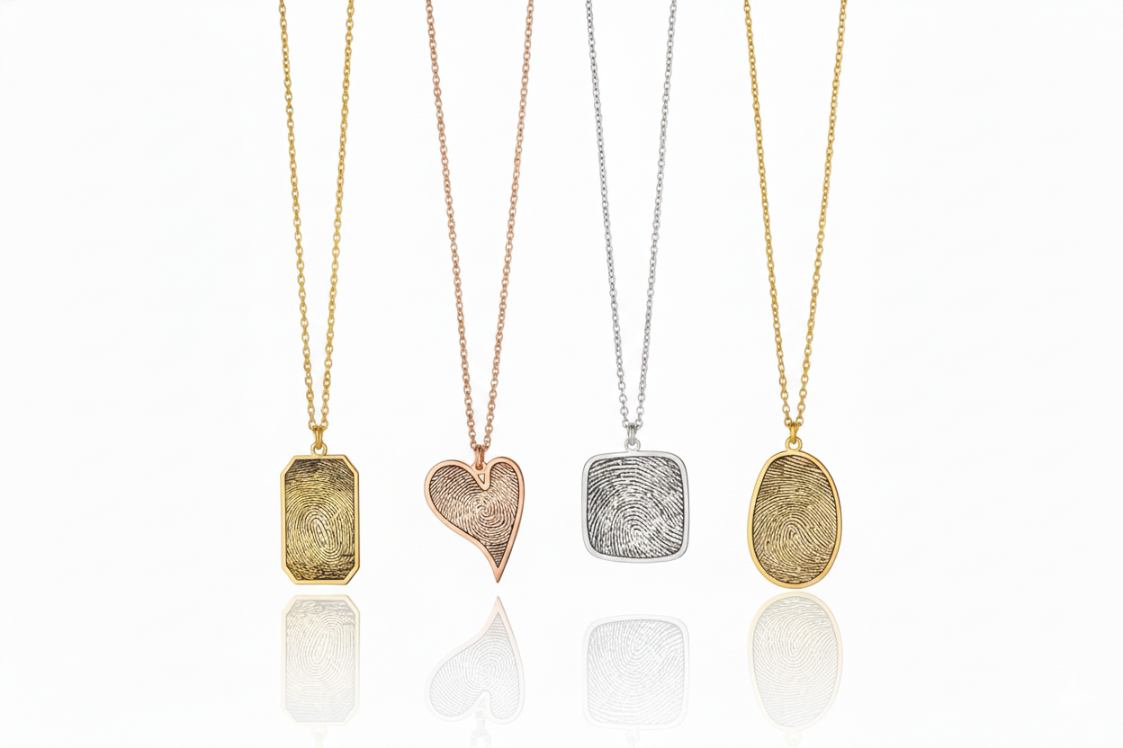 Four gold necklaces with different pendants on a white background