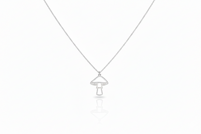 Silver necklace with a mushroom-shaped pendant on a white background