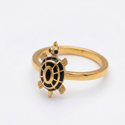 Golden Turtle Ring with Black Enamel | Symbolic Protection & Longevity Ring
