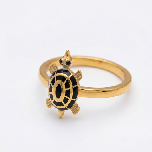 Golden Turtle Ring with Black Enamel | Symbolic Protection & Longevity Ring