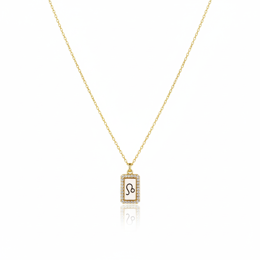 Gold necklace with a zodiac sign pendant on a white background
